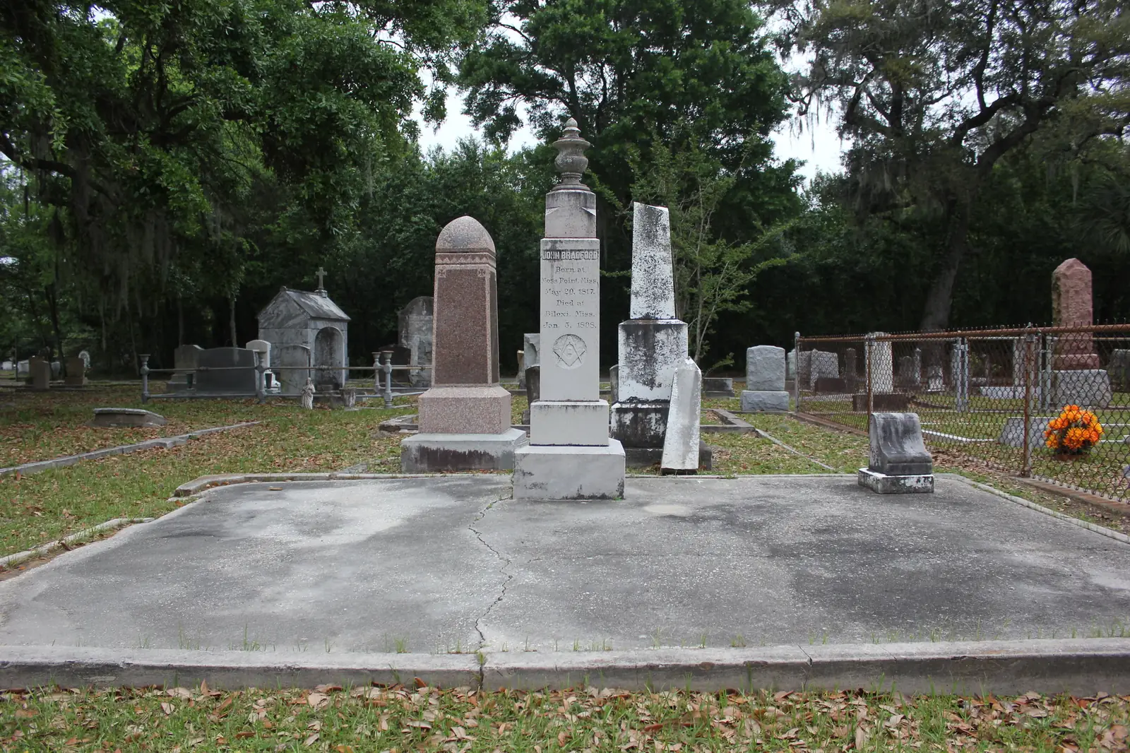 Nineteenth-century monuments under live oaks in the Biloxi City Cemetery on Irish Hill Drive, home of the Old Biloxi Cemetery Tour.