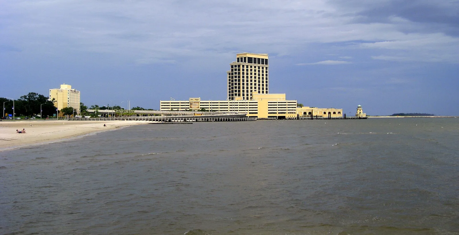 Biloxi's beachfront skyline seen across the water of the Mississippi Sound.
