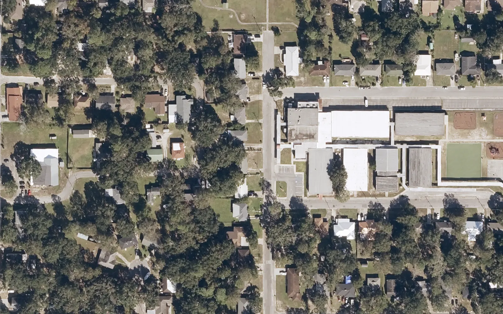 Back Bay Elementary School's buildings and playfield off St. Mary Boulevard in central Biloxi, seen from the air.