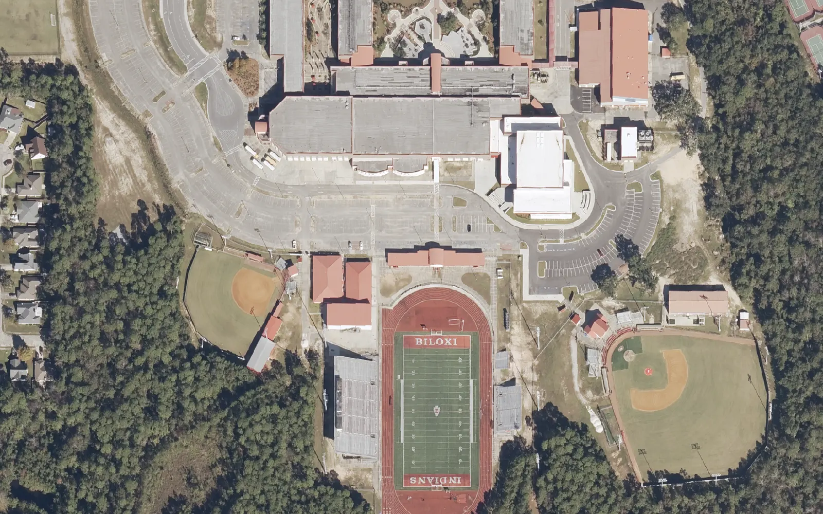 Biloxi High School's main building, its stadium and its baseball and softball fields off Tribe Drive in north Biloxi, seen from the air.
