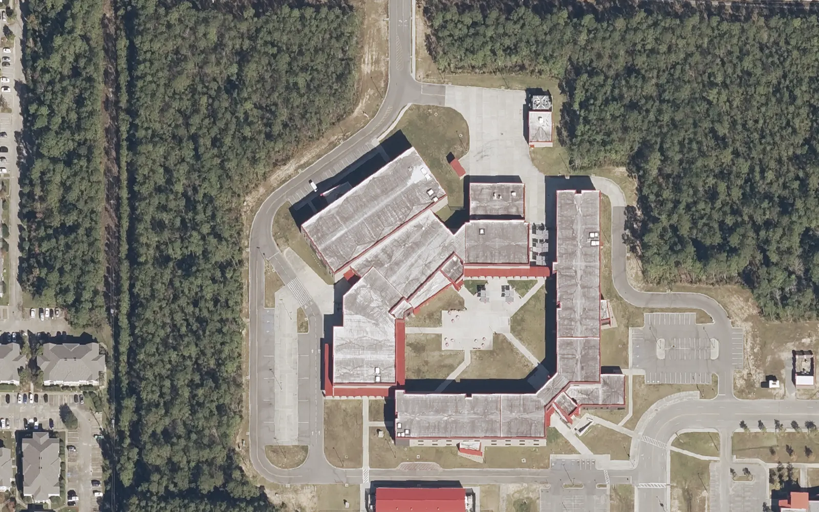 Biloxi Junior High School's courtyard building off Tribe Drive in north Biloxi, seen from the air.