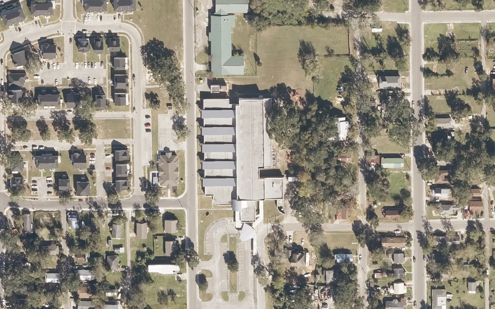 Nichols Elementary School on Division Street and the East Biloxi homes around it, seen from the air.