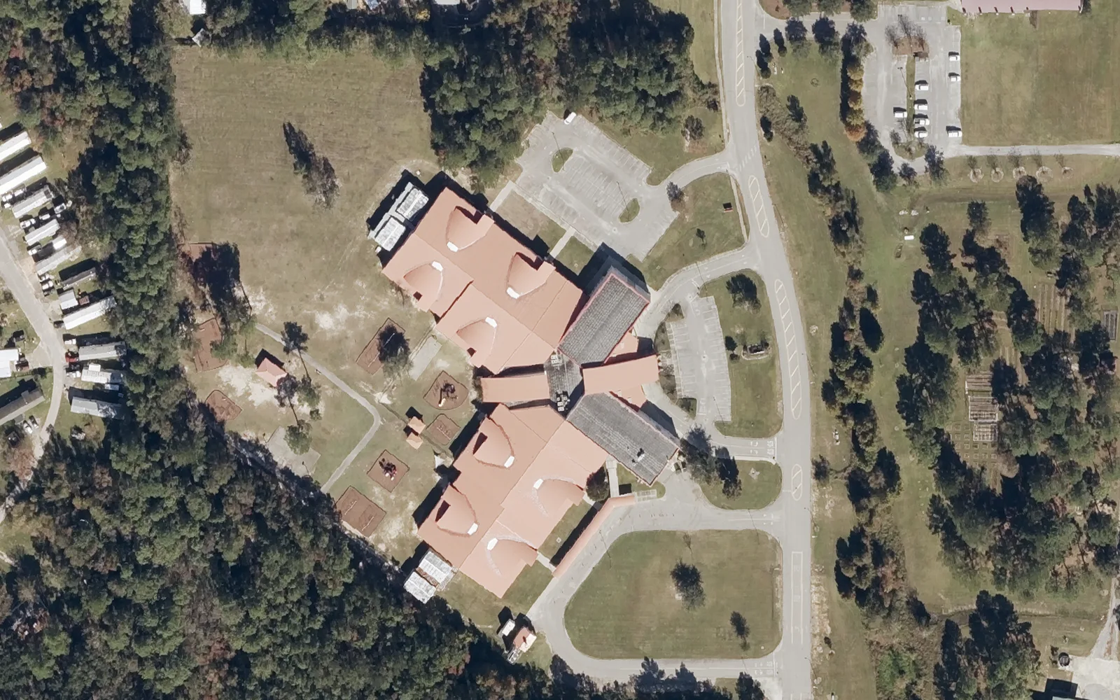 North Bay Elementary School's red-roofed building off Popp's Ferry Road in north Biloxi, seen from the air.