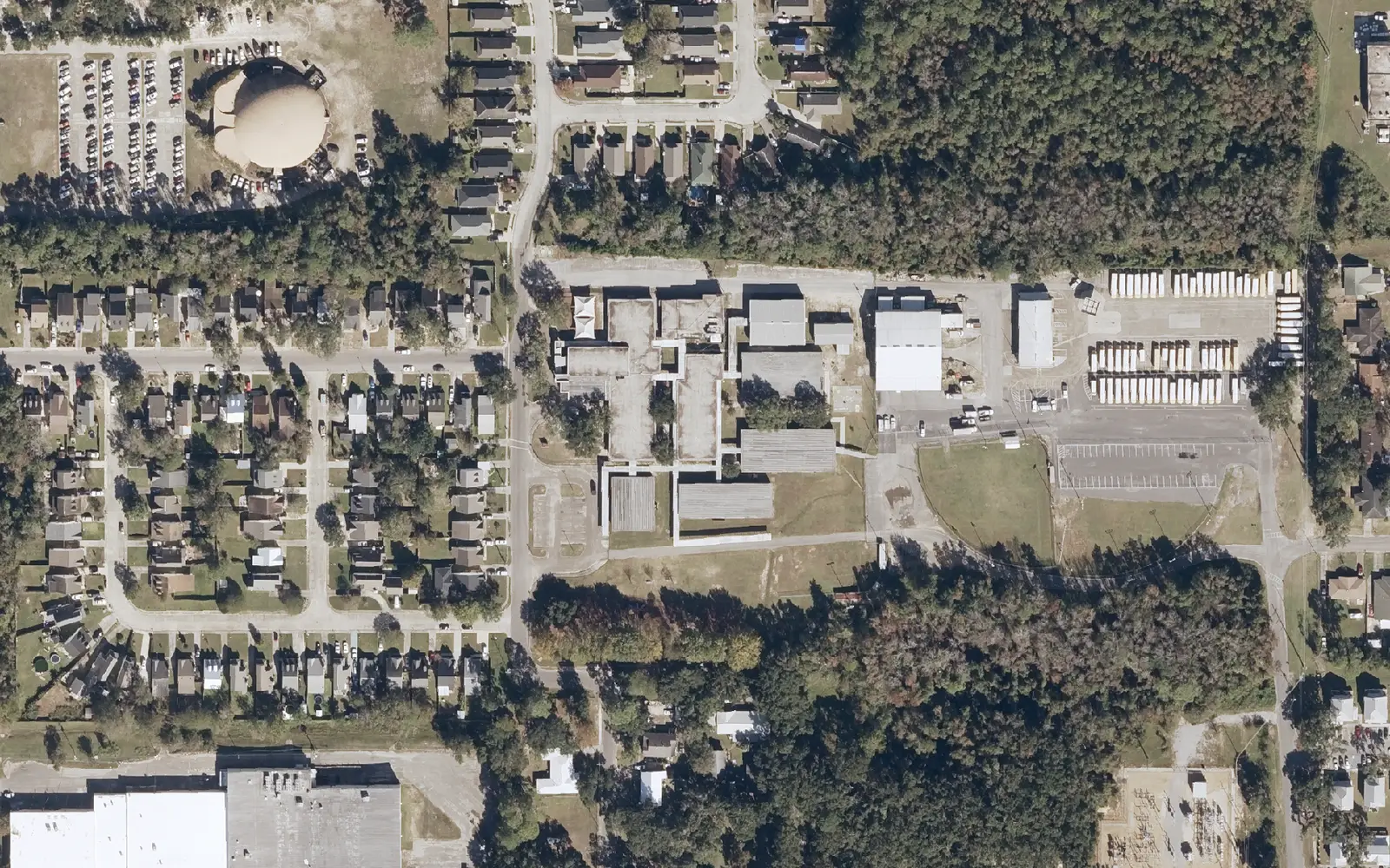 Popp's Ferry Elementary School off Nelson Road and the West Biloxi streets around it, seen from the air.
